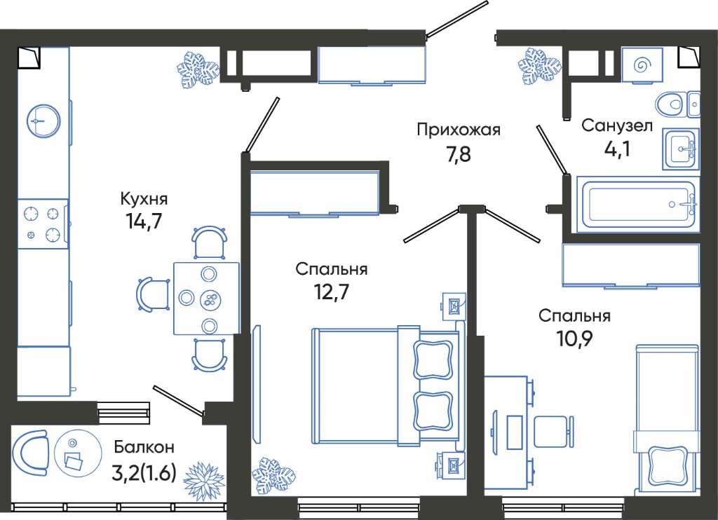 Планировка двухкомнатной квартиры 51,8 м²